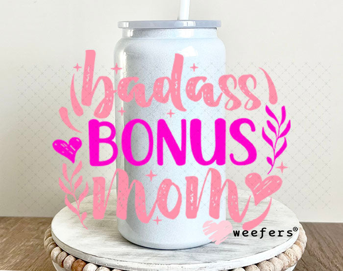 UV DTF Decal - Badass Bonus Mom 16oz Glass Can Generic Weefers