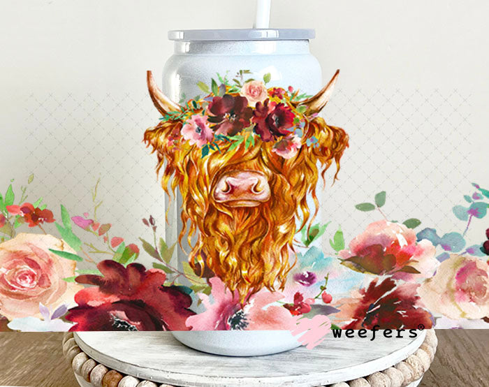 UV DTF Cup Wraps - Highland cow Mauve 16oz Glass Can Generic Weefers