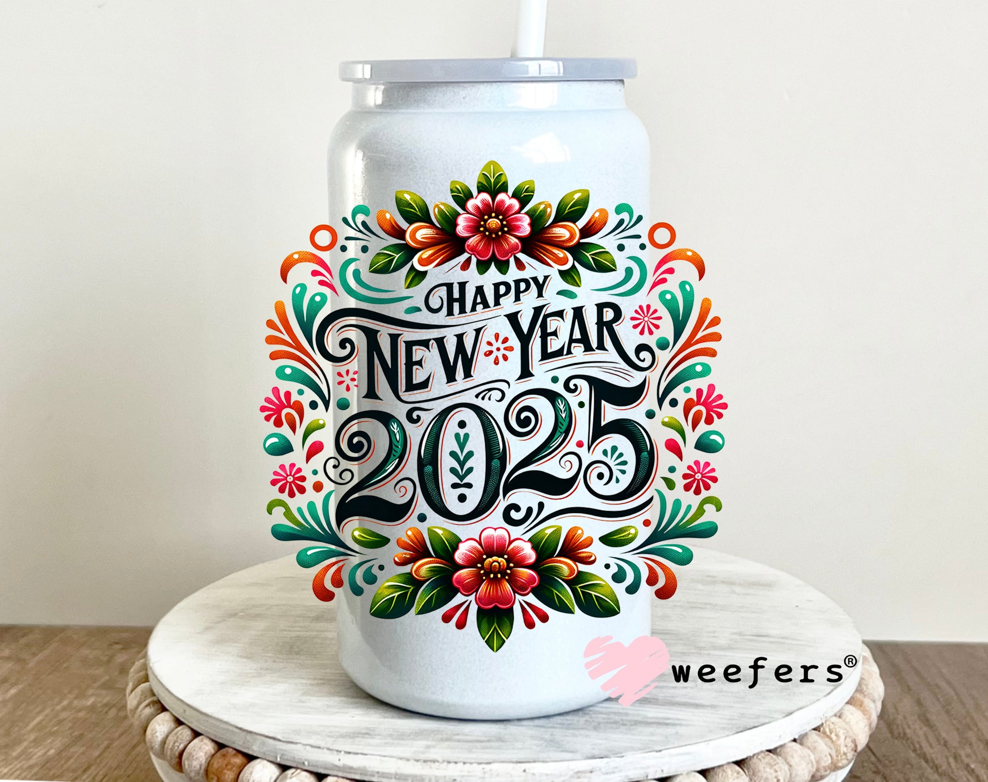 Happy New Year 2025 Flowers UV DTF 16oz Cup Wrap