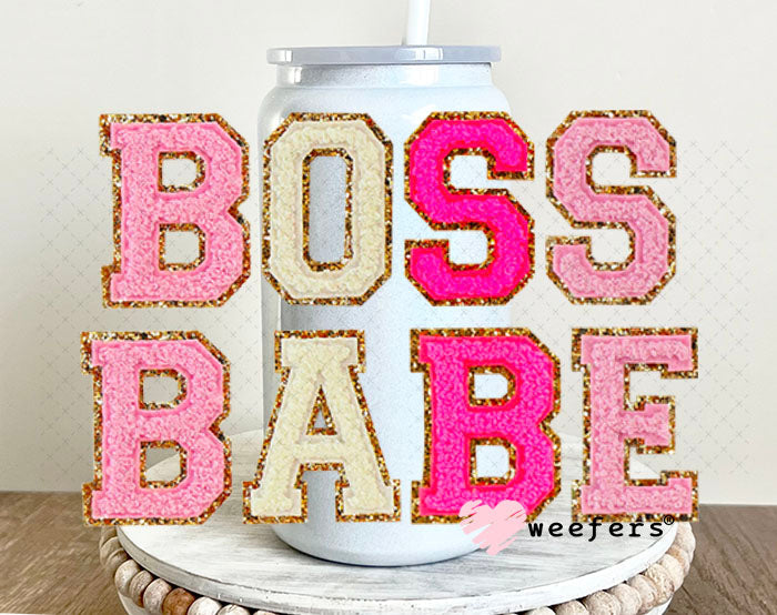 UV DTF Decal - Faux Chenille Boss Babe 16oz Glass Can Generic Weefers