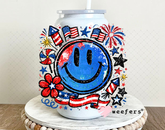 UV DTF Decal - Happy Face 4th of July 16oz Glass Can Generic Weefers