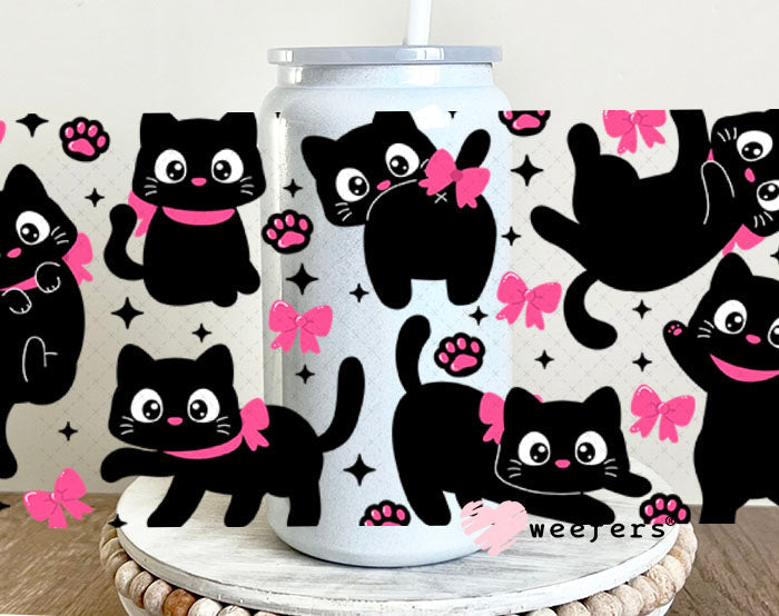 UV DTF Cup Wraps - Playful Cats and Hot Pink Butterflies 16oz Glass Can Generic Weefers