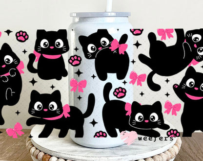 UV DTF Cup Wraps - Playful Cats and Hot Pink Butterflies 16oz Glass Can Generic Weefers