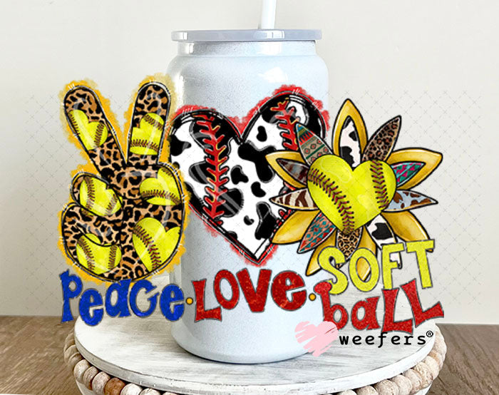 UV DTF Decal - Peace Love Softball 16oz Glass Can Generic Weefers