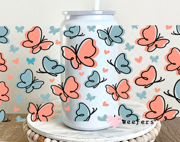 UV DTF Cup Wraps - Peach and Blue Butterflies 16oz Glass Can Generic Weefers