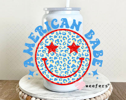 UV DTF Decal - American Babe Smile Face 16oz Glass Can Generic Weefers