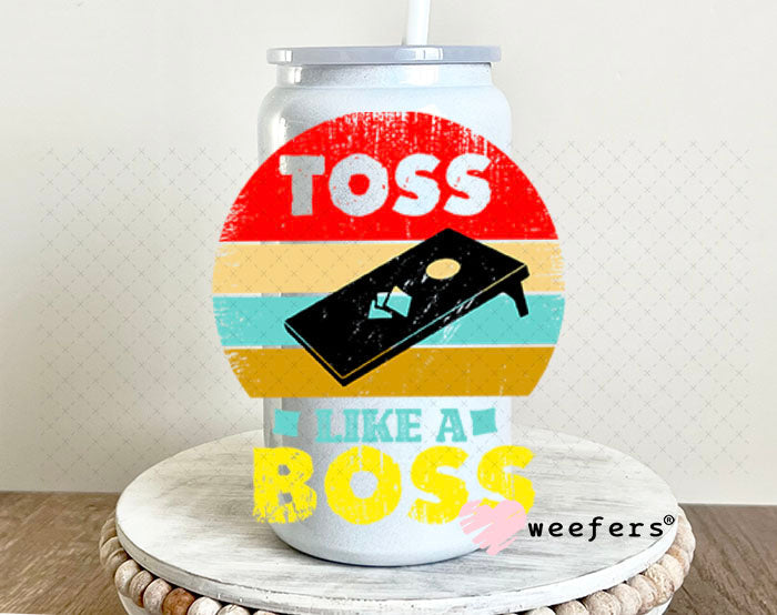 UV DTF Decal - Toss Like a Boss Corn HolE 16oz Glass Can Generic Weefers
