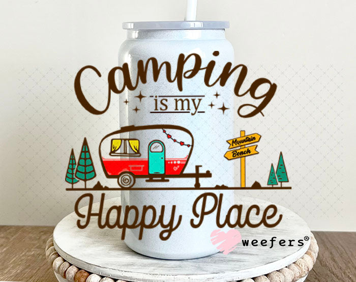 UV DTF Decal - Camping is My Happy Place 16oz Glass Can Generic Weefers