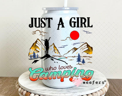 UV DTF Decal - Just a Girl who loves Camping 16oz Glass Can Generic Weefers