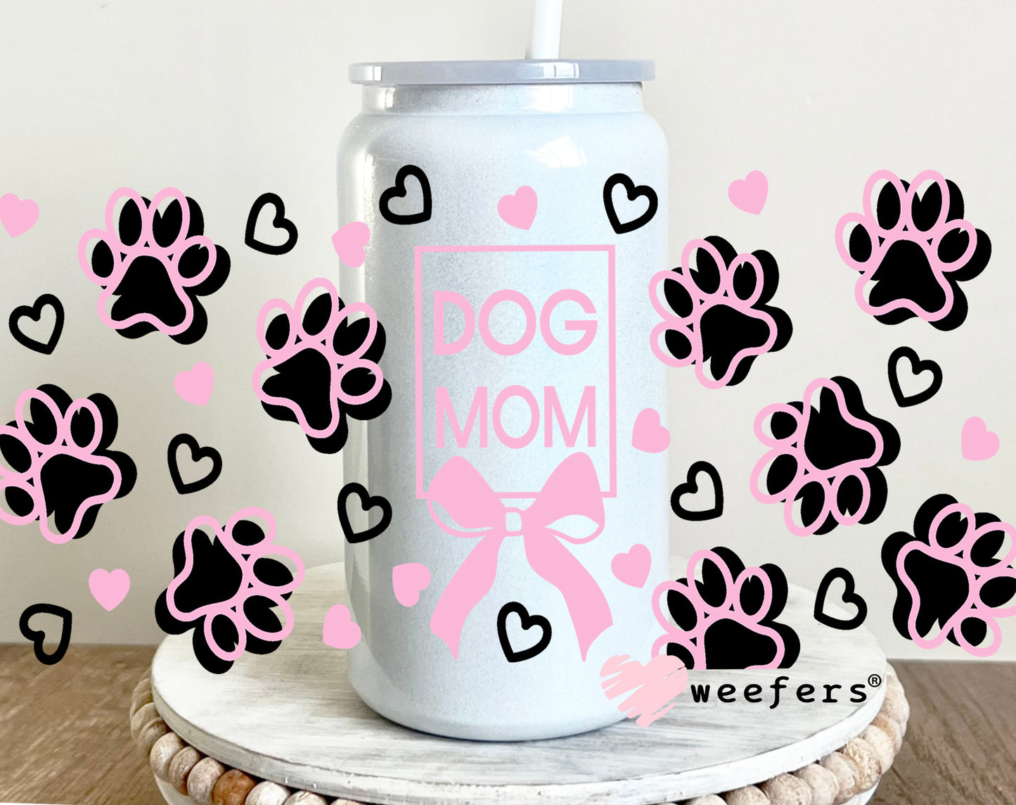 Dog Mom Pink and Black Paws UV DTF 16oz Cup Wrap