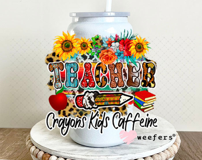 UV DTF Decal - Teacher Western Crayons Kids Caffeine 16oz Glass Can Generic Weefers