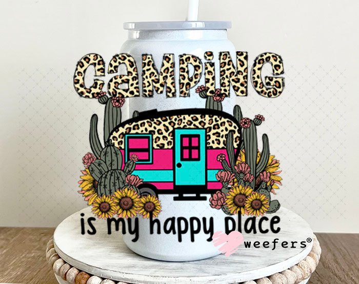 UV DTF Decal - Camping is My Happy Place 16oz Glass Can Generic Weefers