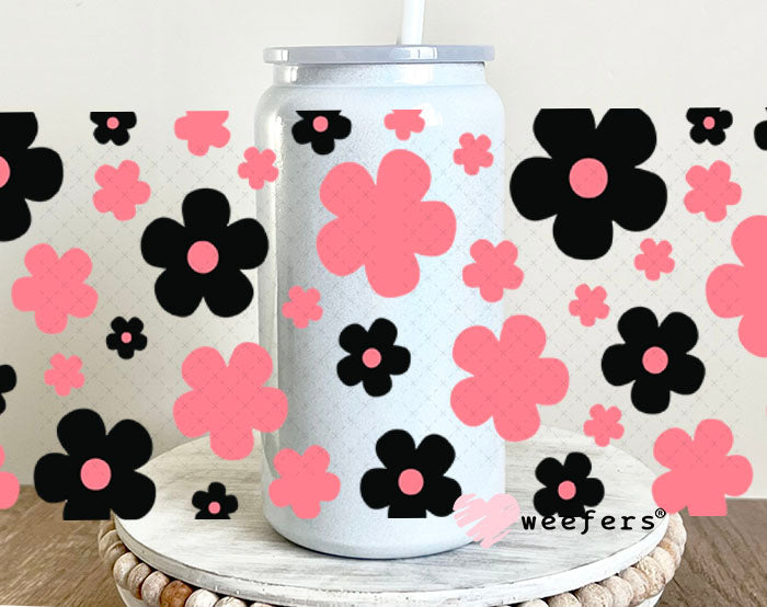 UV DTF Cup Wraps - Black and Pink Daisies 16oz Glass Can Generic Weefers