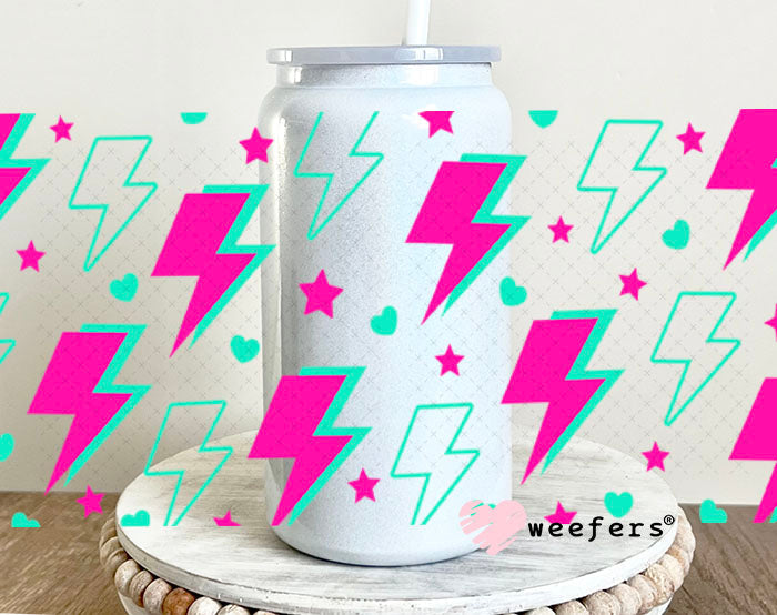 UV DTF Cup Wraps - Hot Pink and Teal Lightening Bolts 16oz Glass Can Generic Weefers
