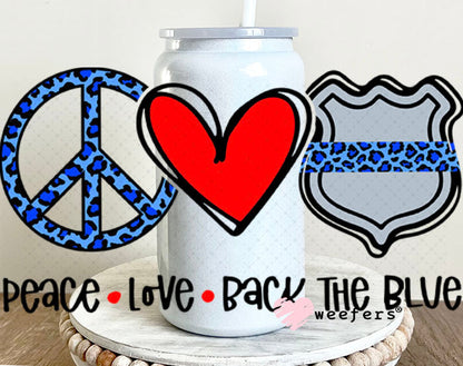 UV DTF Decal - Peace Love Back the Blue 16oz Glass Can Generic Weefers