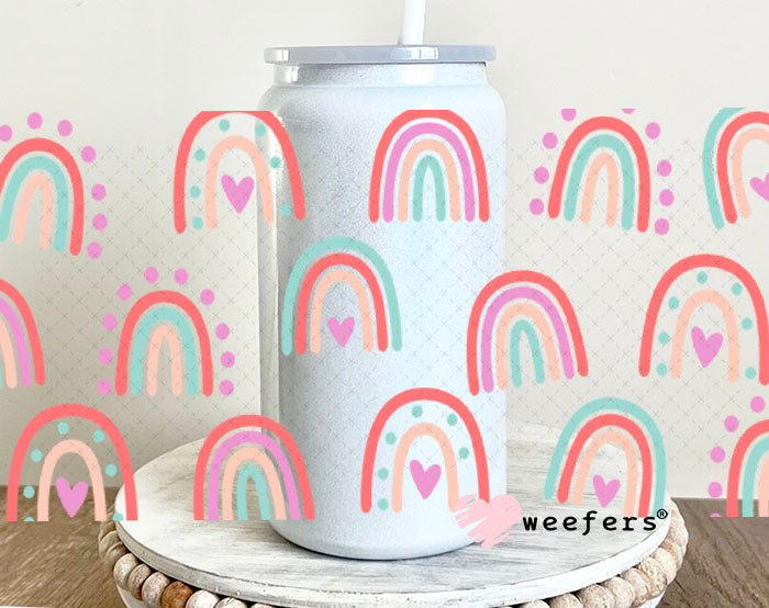 UV DTF Cup Wraps - Boho Rainbows Pink 16oz Glass Can Generic Weefers