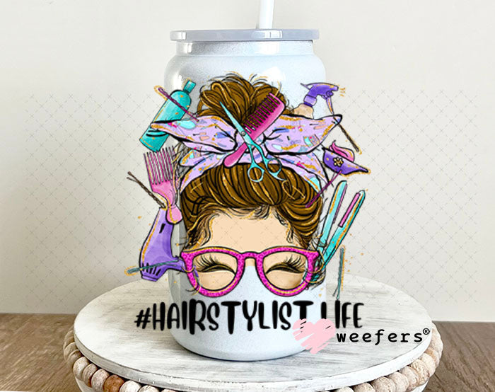 UV DTF Decal - Hair Stylist Life Messy Bun 16oz Glass Can Generic Weefers