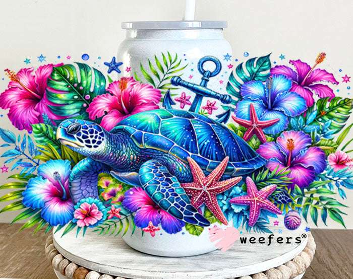 UV DTF Decal - Blue and Magenta Sea Turtle 16oz Glass Can Generic Weefers