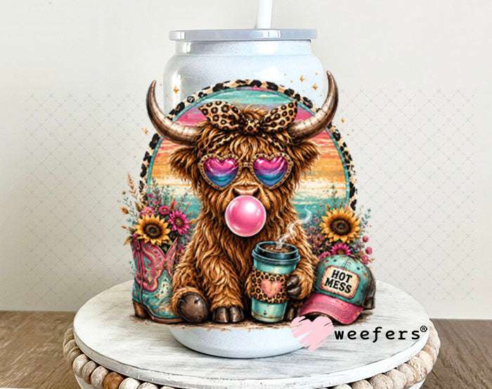UV DTF Decal - Hot Mess Teal Pink Cow 16oz Glass Can Generic Weefers