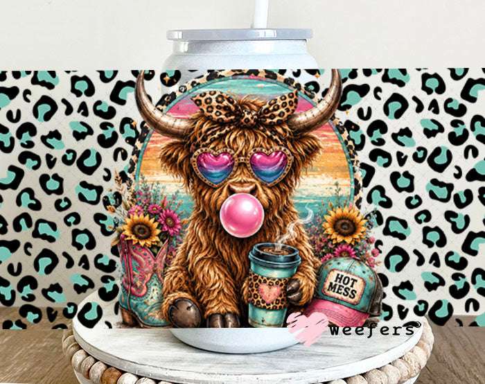 UV DTF Cup Wraps - Hot Mess Mint Pink Leopard Cow - Weefers® Exclusive 16oz Glass Can Generic Weefers