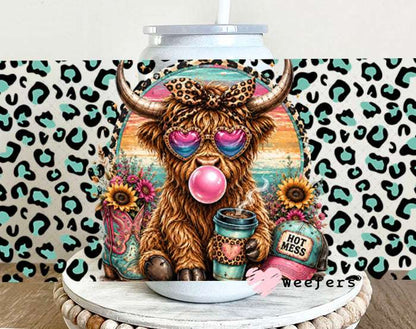 UV DTF Cup Wraps - Hot Mess Mint Pink Leopard Cow - Weefers® Exclusive 16oz Glass Can Generic Weefers