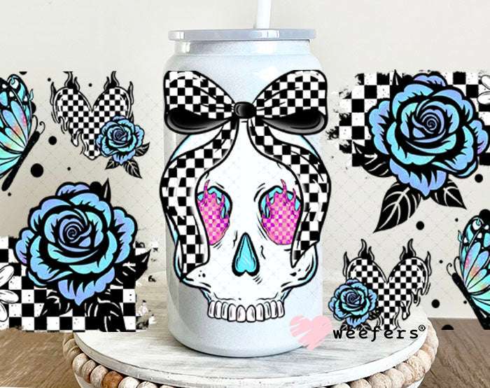 UV DTF Cup Wraps - Blue Skull Roses 16oz Glass Can Generic Weefers