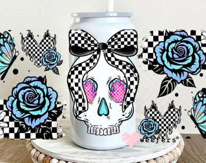 UV DTF Cup Wraps - Blue Skull Roses 16oz Glass Can Generic Weefers