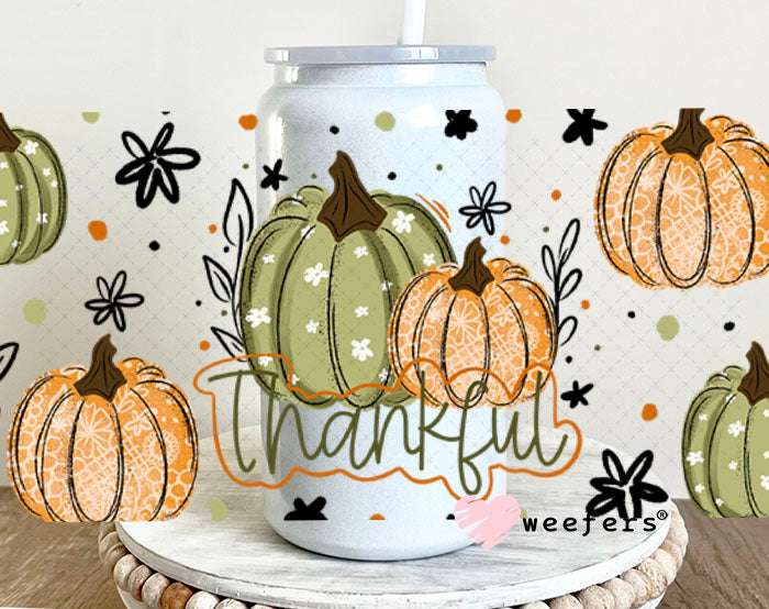 UV DTF Cup Wraps - Thankful Green Orange Pumpkins 16oz Glass Can Generic Weefers