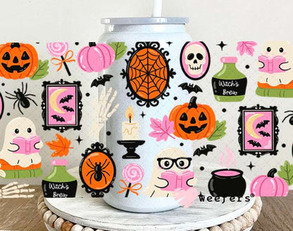 UV DTF Cup Wraps - Pink Green Halloween Reader 16oz Glass Can Generic Weefers