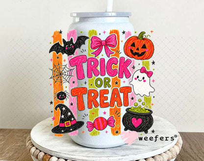 UV DTF Decal - Trick or Treat Pink Orange 16oz Glass Can Generic Weefers