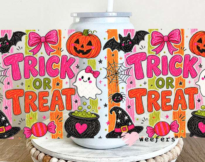 UV DTF Cup Wraps - Trick or Treat Pink Orange 16oz Glass Can Generic Weefers