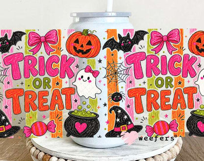 UV DTF Cup Wraps - Trick or Treat Pink Orange 16oz Glass Can Generic Weefers