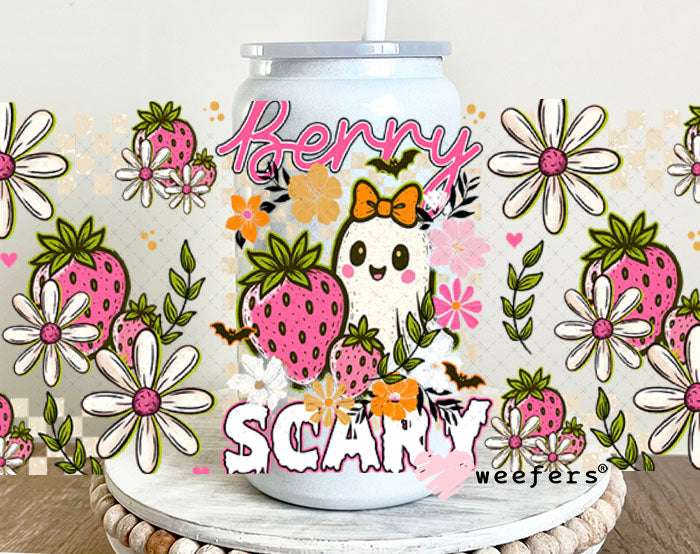 UV DTF Cup Wraps - Berry Scrary Strawberries and Ghost 16oz Glass Can Generic Weefers