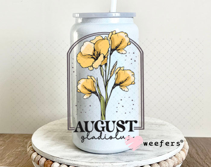UV DTF Decal - August Gladiolus Birthday Month 16oz Glass Can Generic Weefers