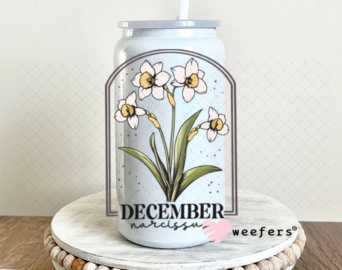 UV DTF Decal - December Narcissus Birthday Month 16oz Glass Can Generic Weefers
