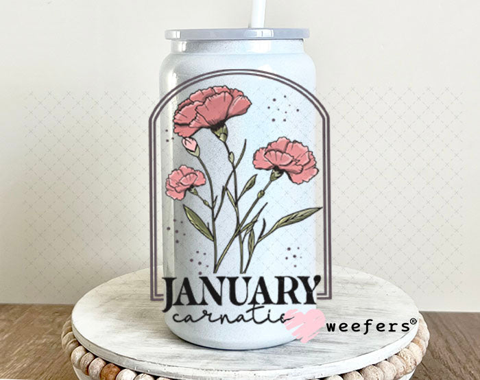 UV DTF Decal - January Carnation Birthday Month 16oz Glass Can Generic Weefers