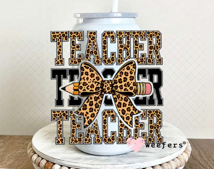 UV DTF Decal - Leopard Teacher Bow 16oz Glass Can Generic Weefers