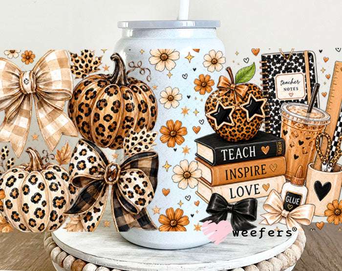 UV DTF Cup Wraps - Cheetah Fall Teacher 16oz Glass Can Generic Weefers