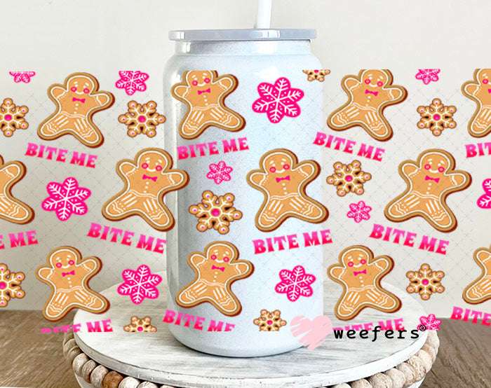 UV DTF Cup Wraps - Bit Me Gingerbread 16oz Glass Can Generic Weefers