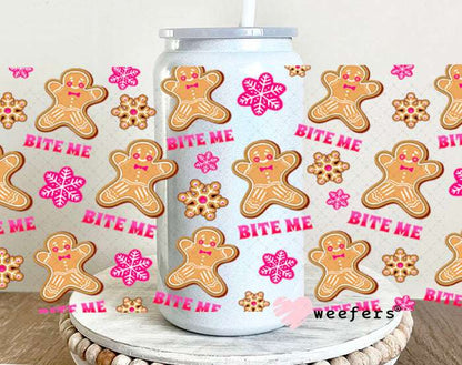 UV DTF Cup Wraps - Bit Me Gingerbread 16oz Glass Can Generic Weefers