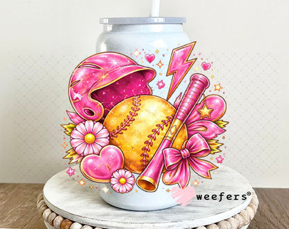UV DTF Decal - Pink Softball Vibes 16oz Glass Can Generic Weefers