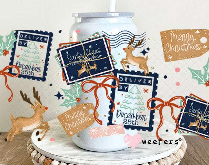 UV DTF Cup Wraps - Christmas Navy Stamps 16oz Glass Can Generic Weefers