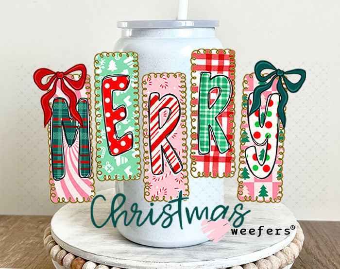 UV DTF Decal - Merry Christmas Stripes 16oz Glass Can Generic Weefers