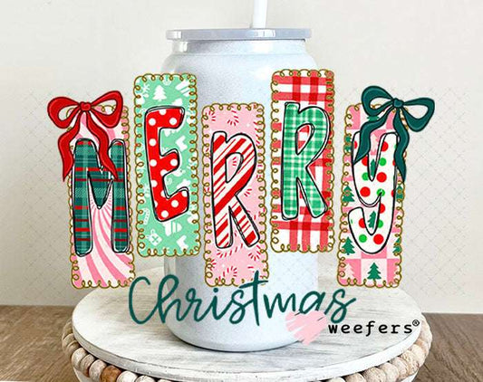 UV DTF Decal - Merry Christmas Stripes 16oz Glass Can Generic Weefers