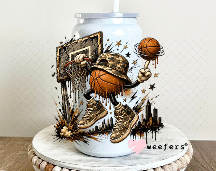 UV DTF Decal - Camo Basketball Dunk 16oz Glass Can Generic Weefers