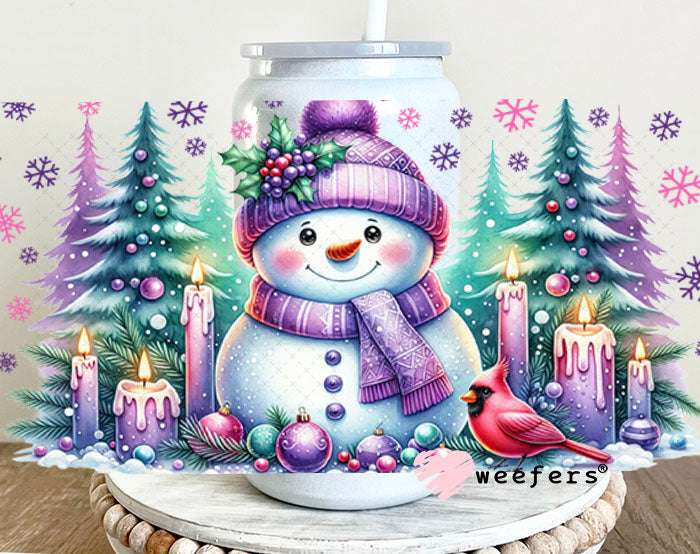 UV DTF Cup Wraps - Winter Snowman Purple Teal 16oz Glass Can Generic Weefers