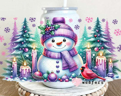 UV DTF Cup Wraps - Winter Snowman Purple Teal 16oz Glass Can Generic Weefers