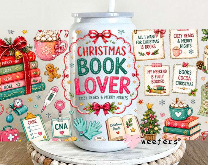 UV DTF Cup Wraps - Christmas Book Lover 16oz Glass Can Generic Weefers