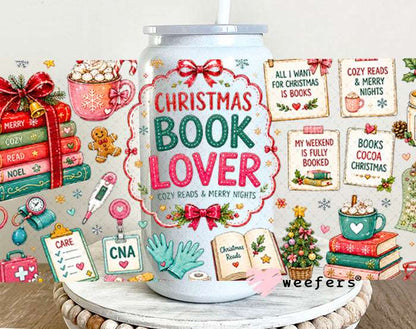 UV DTF Cup Wraps - Christmas Book Lover 16oz Glass Can Generic Weefers
