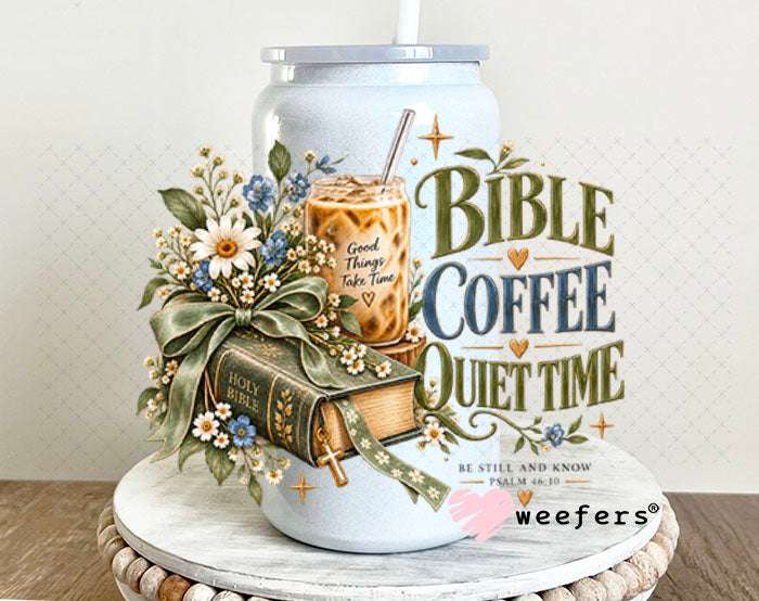 UV DTF Decal - Bible Coffee Quiet Time 16oz Glass Can Generic Weefers